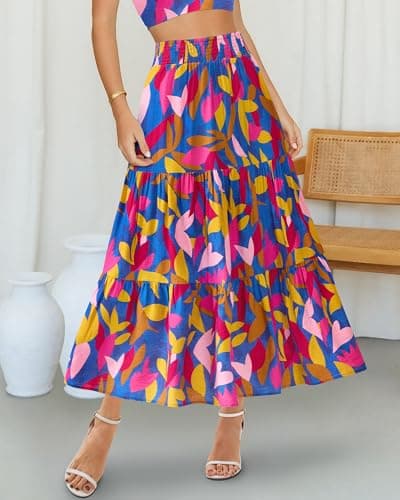 BTFBM Skirts for Women Summer 2026 Floral Print A Line Elastic High Waist Boho Maxi Skirt Spring Fashion Clothing Pocket(Leaf Blue, X-Large) - Thumbnail 3