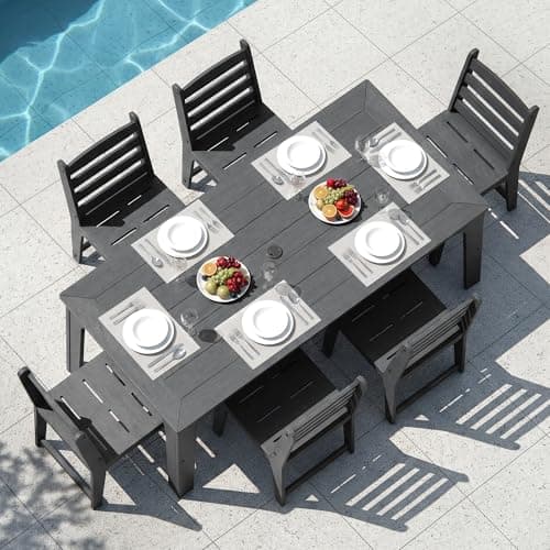 ACUEL HDPE Patio Dining Set for 6, Weather-Resistant Outdoor Table with Umbrella Hole, Never Sagging One-Piece Tabletop with Metal Support Bars for Poolside Backyard Garden (Black)