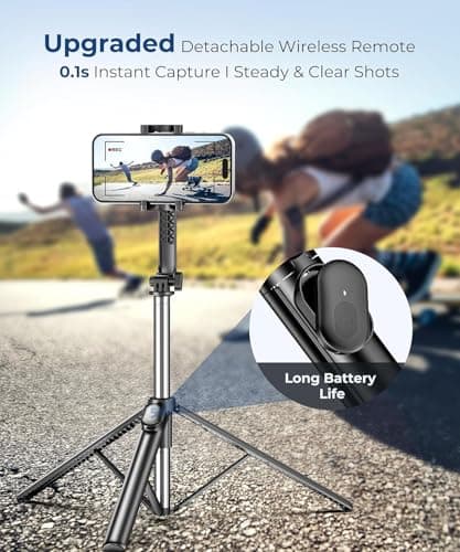 Fuloview 67” Selfie Stick Tripod for iPhone, Lightweight Travel Phone Tripod with Wireless Remote, Extendable Cell Phone Stand for Photography, Video & Live Streaming – Black - Thumbnail 3