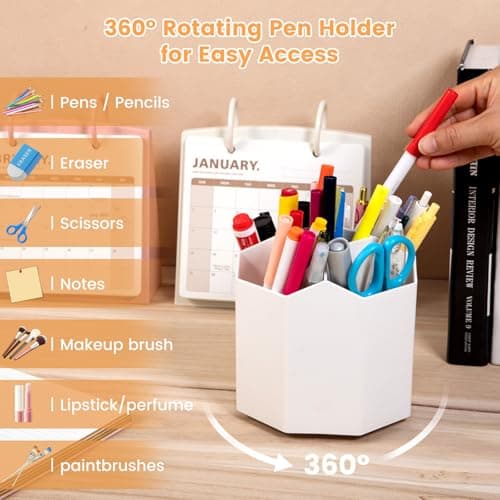 bibiage Pencil Pen Holder, 360° Rotating Pen Holder, Desk Organizer with 5 Slots, Desktop Stationery Storage for Office, School & Home, Art Supplies Desktop Decor, White - Thumbnail 2