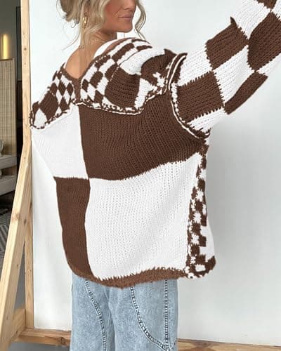 BTFBM Casual Cardigan Sweater for Women Fall 2026 Long Sleeve Open Front Chunky Knit Sweaters Checkered Outwear Coat(Brown,Large) - Thumbnail 6