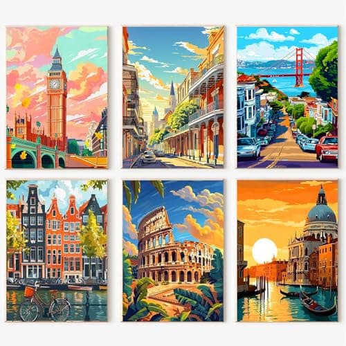 igoodom 6 Pack Cityscape Paint by Numbers for Adults, 25x35cm DIY Acrylic Canvas Painting Kit, Landscape Paint by Number Set for Beginners & Home Wall Decor