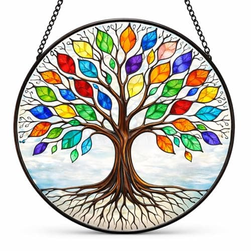 halp·ssfm Tree of Life Stained Glass Panel Round Window Hanging Art Glass Sun Catcher for Home Decor Birthday Gift for Women Men Mom Wife Aunt 6.3 Inch - Image 1