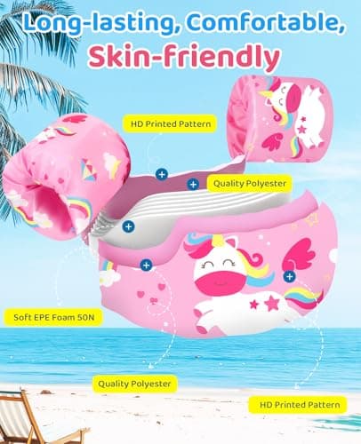 HeySplash Swim Vest for Kids, Toddler Pool Floaties Fit 22-55 Lbs, Swimming Vest with Adjustable Strap, Swim Jacket Water Wings Arm Floats, Puddle Sea Beach Boat Jumper Boys Girls, Pink Unicorn - Thumbnail 5