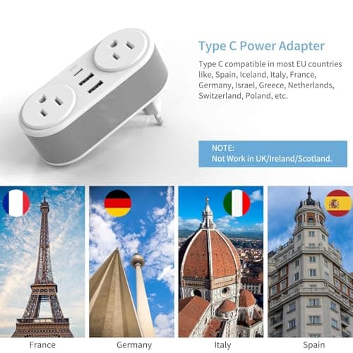 2 Pack European Travel Plug Adapter, CHUAFIUR US to Europe Plug Adapter with 2 Outlets 3 USB Charging Ports, PD 20W Fast Charger with Type C Travel Essentials to Most EU Spain Italy France Germany - Thumbnail 4