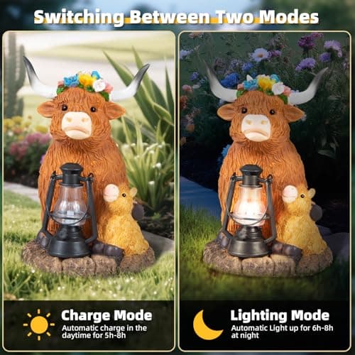 Highland Cow Solar Lights, Solar Powered Statues for Garden,Outside Decor with Latern for Yard Birthday Easter Gifts for Grandma Mom Women Funny Decorations for Yard and Patio Gifts - Thumbnail 2