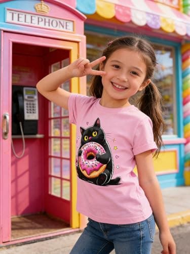 Funnycokid Little Girls Shirt Size 6 7 Kids Pink Tees Black Cat Donuts Animal Children Cute T-Shirt Graphic Short Sleeve Clothes Tops - Thumbnail 3