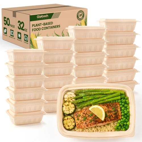 100 Piece (50 Pack) Meal Prep Containers with Lids,32 oz Resuable Cornstarch Material Salad Containers, Plant-based Lunch Boxes, Plastic Take Out Bowls BPA Free, Microwave Freezer Safe, Stackable - Image 1