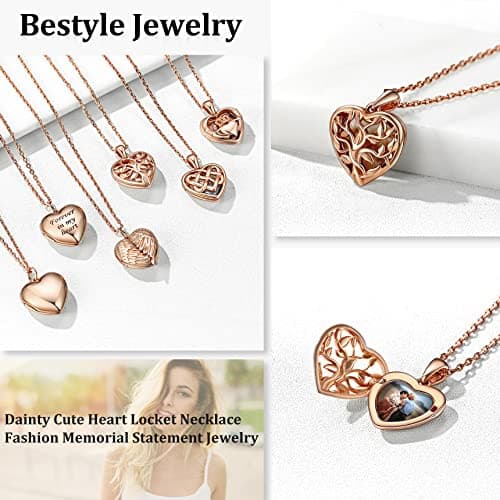 Bestyle Rose Gold Heart Tree of Life Locket Necklace for Women, Small Cute Sterling Silver Heart Locket Choker Necklace Fashion Locket Jewelry, Silver Rose Gold Chain 18"+2 - Thumbnail 4