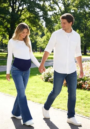 BLENCOT Maternity Denim Pants for Women Stretch Over Belly Pregnancy Jeans for Pregnant Womens Flare Bottom with Pockets Soft Comfort Fit P1005 Blue 2XL - Thumbnail 2