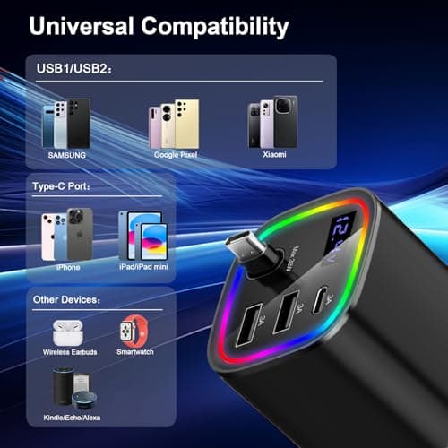Car Charger USB C, 4in1 Car Phone Charger with USBC Retractable Cable for iPhone Android Fast Charge, AGEMANY 78W Cigarette Lighter Adapter with Voltage Display, 12V/24V Car Accessories Gift (Black) - Thumbnail 4