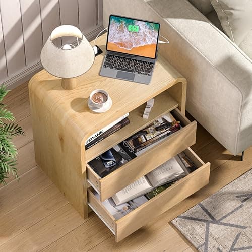 Modern Fluted Night Stand with Charging Station, 25" Tall Wood Nightstand Bedside Table with 3 Drawers & USB Ports, Mid-Century End Table for Bedroom (1, Nature Smooth, 2 Drawers) - Thumbnail 4