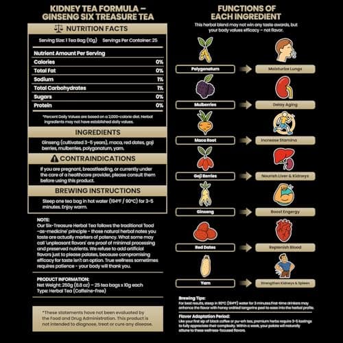 Kidney Tea - Ginseng Six Treasure Tea for Men & Women, Herbal Ginseng Tea Bags for Liver 7 Precious Natural Ingredients Formula, Thoughtful Gift for Spouses, Parents, Gym-Goers(1 Pack/25 Bags) - Thumbnail 2