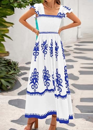 BTFBM Summer Dresses for Women 2026 Casual Floral Boho Sleeveless Square Neck A Line Flowy Beach Maxi Dress Pockets(White Blue Flower, Small) - Thumbnail 6