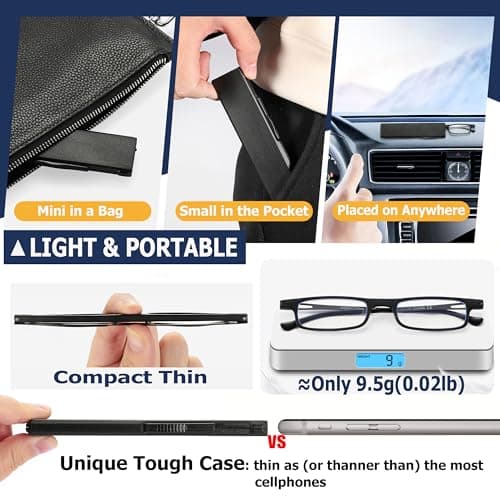 TOVEEN 3 Pack Compact Folding Reading Glasses Anti Blue Light UV, Ultra-thin Slim TR90 Readers with Portable Flat Case for Men Women Clear/Black/Gunmetal +1.5 - Thumbnail 4