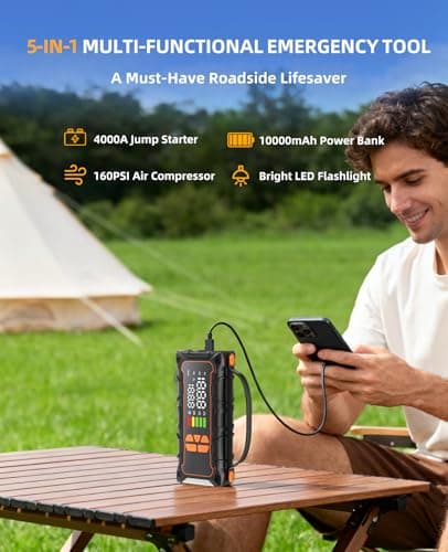 Battery Jumper Starter Portable, Jump Starter with Air Compressor-4000A 12V (7.0L Gas/ 6.0L Diesel) with 160PSI Tire Inflator, 10000mAh Jump Box Car Battery Jump Starter, Jumper Cables, LED Light - Thumbnail 5