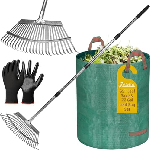 Jesosia Garden Rake for Leaves with Leaf Bag & Gloves - 65 Inch Adjustable 25 Tines Metal Rake Set with 72 Gallon Reusable Yard Waste Bags for Gardening Lawns Outdoor Camping Shrub Grass Bush