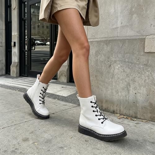Athlefit Women's Lace-Up Combat Boots Fashion Casual Low Platform Lug Sole Ankle Booties with Side Zipper for Music Festival,White,Size 8,AD01863 - Thumbnail 3