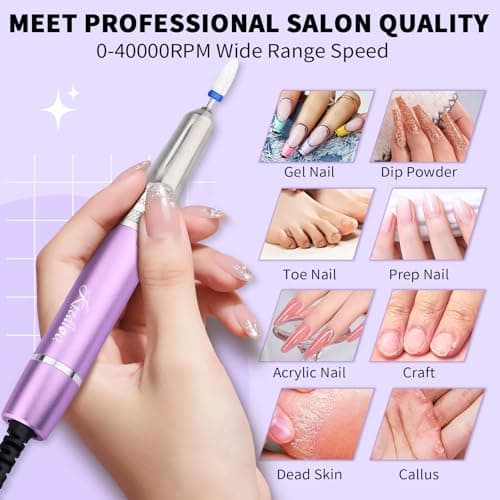 Kredioo Professional Nail Drill Brushless 40,000RPM Rechargeable 2-in-1 Portable Electric Nail File Ultra Silent Salon Must Haves Nail Tool Kit Removing Acylic Gels-Purple - Thumbnail 5