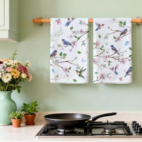 cusugbaso Lamb Easter Kitchen Towels Set of 2 Dish Towels for Kitchen,18x26 Inch Green Buffalo Plaid Easter Decor Sheep Spring Decoration (Floral Bird) - Thumbnail 2