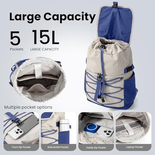 Kabibin Casual Backpack for Men, 15L Lightweight Waterproof Nylon Daypack with Multiple Pockets, College Bookbag for School, Hiking & Travel (Blue) - Thumbnail 6