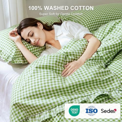 Yuncojin Ruffle Gingham Duvet Cover King Size Green/White,100% Cotton,Shabby Chic Checkered Plaid Comforter Cover Set,3-Piece Vintage Bedding,104"×90" - Thumbnail 3