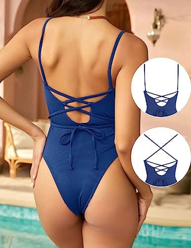 ZAFUL Women's Lace Up One Piece Swimsuit Scoop Neck Ribbed Bathing Suit Spaghetti Strap Tie Back 1 Piece Swimsuits Blue L - Thumbnail 4