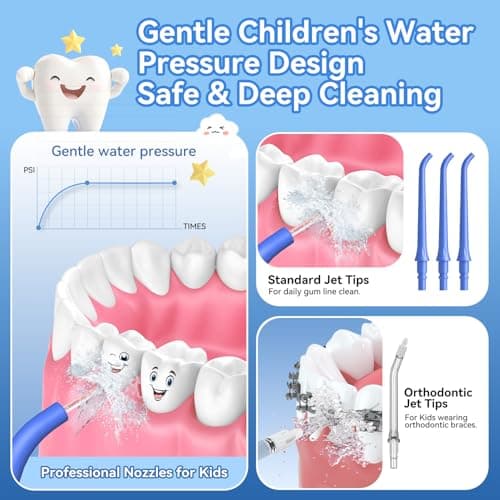 JTF Portable Water Flosser for Kids: 4 Gentle Modes for Ages 6+, Safe & Effective for Sensitive Teeth, Braces - with DIY Stickers, 4 Nozzles, Travel Bag, Mini Compact Oral Irrigator for Home & School - Thumbnail 3