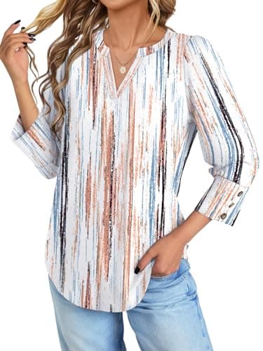 NORACORA Womens Tops 3/4 Sleeve Printed Dressy Casual Blouses for Women V Neck T Shirts Beach Vacation Boho Floral Spring Summer Outfits Brown-Blue Stripes XXL - Thumbnail 2