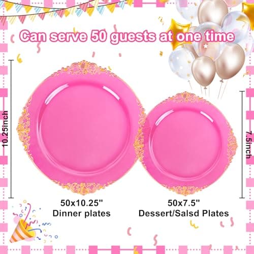 Joyido 102PCS Clear Hot Pink Plastic Plates - Pink Disposable Plate with Gold Rim - Hot Pink Party Plates Include 51PCS 7.5inch Dessert & 10.25inch Dinner Plate for Wedding Birthday Party Mother’s Day - Thumbnail 3