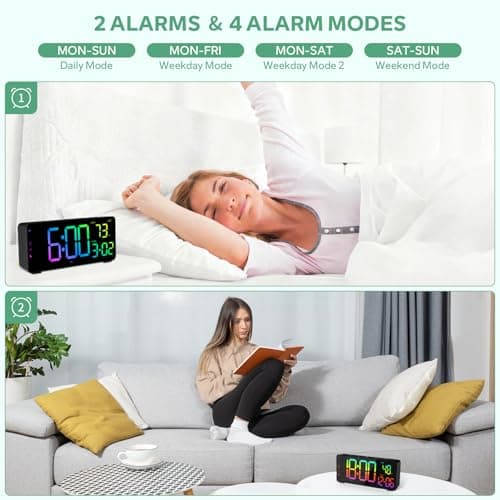 EVILTO Digital Alarm Clocks for Bedrooms, RGB Desk Clock with 15 Color Display, Date Temperature and Weekday, DST, Snooze, 2 Alarms, Ambient Lighting for Living Room, Bedside Office Gaming Desk Decor - Thumbnail 5
