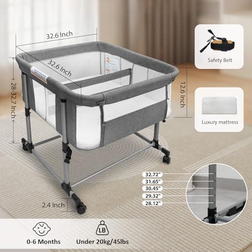 Cheermomo Twin Bassinet for 2 Babies, Double Bassinet for Twins, Baby Bassinet with Wheels, Full-Mesh Sides, 5-Height Adjustable, Portable and Stable Baby Crib for Newborns (Basic Grey) - Thumbnail 4