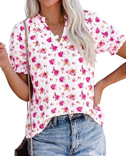 PRETTYGARDEN Summer Short Sleeve V Neck Shirts for Women 2026 Trendy Floral Print Loose Ruffle Tops Business Casual Blouses (Floral White Rose Red,Large) - Image 1