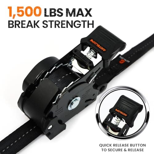 Retractable Ratchet Straps (4 PK) 1 in x 12 ft Auto Retract Tie Down Straps, 1500lb Break Strength AutoRetract Self Retracting for Motorcycle, Truck, Cargo, Trailer, ATV, UTV -Black - Thumbnail 5