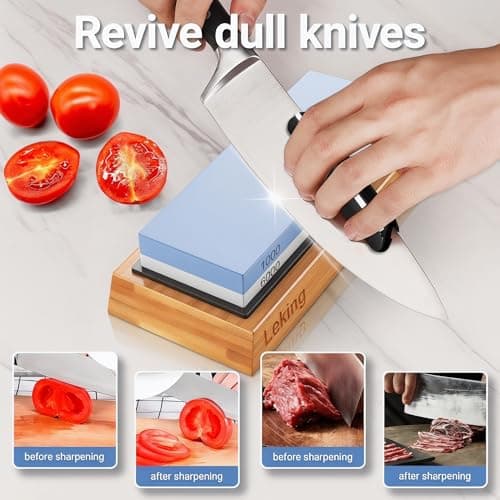 Leking Professional Knife Sharpener & Sharpening Stone Set: 1000/6000 Grit Dual-Sided Whetstone(7"x2.4"x1.2") with Bamboo Base, Non-Slip Silicone Holder, Angle Guide & Leather Strop Kit - Thumbnail 3