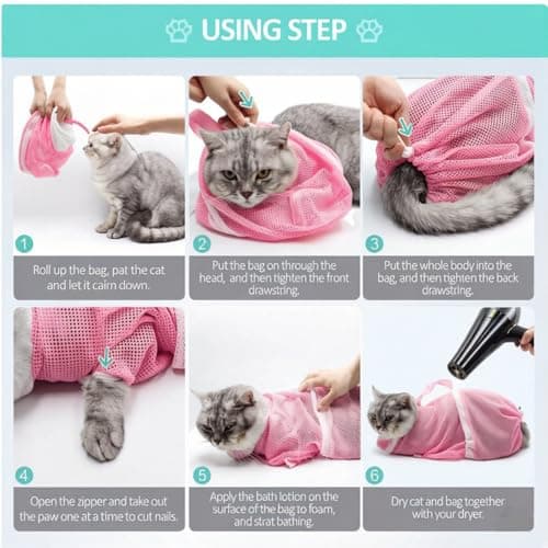 MINOCHI Cat Bathing Bag for Grooming, Pet Wash Bag with Adjustable Neck & Zipper, Anti Scratch Cat Shower Bag with Mesh Breathable, Portable Pet Restraint Bag for Bathing, Ear Cleaning (Pink) - Thumbnail 5