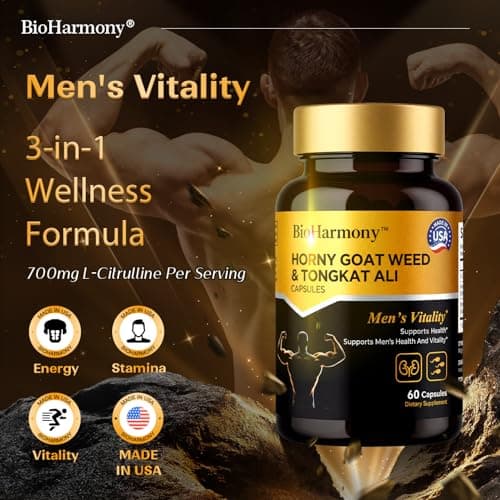 BioHarmony Hornygoatweed for Men, Tongkat Ali & L-Citrulline Supplement– 3-in-1 – Supports Male Vitality, Stamina,Energy & Endurance – 60 Capsules - Thumbnail 2
