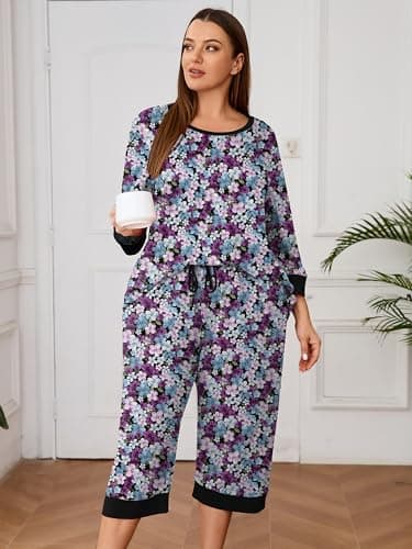 AusLook Women’s Plus Size Pajama Sets Floral 3/4 Sleeve Nightwear Top and Capri Pants 2 Piece Lounge Set with Pockets - Thumbnail 3
