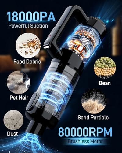 Leucher Handheld Vacuum Cordless, 18000PA Strong Suction Car Vacuum Cleaner Portable with Brushless Motor & LED Light, Hand Vacuum with Multi-Nozzles & Washable Filter for Home Office, Car, Pets - Thumbnail 2
