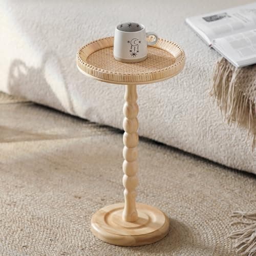Aboacent Rattan Small Side Table, Round Drink Table for Small Spaces, Boho Accent End Table with Solid Wood Leg for Living Room, Nightstand Table for Bedroom, Corners - Image 1