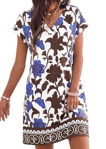 KIRUNDO Summer Dresses for Women 2026 Beach Sundress Spring Casual V Neck Boho Floral Vacation Outfits Cruise Resort Wear(Floral White Blue Brown, Large) - Image 1