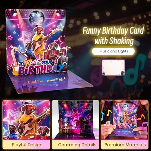 mountova Birthday Card, Funny Birthday Cards for Men Women Kids, Exquisite MUSICAL & SHAKING & LIGHTING Rock Band Dog Pop-up Greeting Card Gifts with Envelope, 6.1 x 6.1 Inch - Thumbnail 3