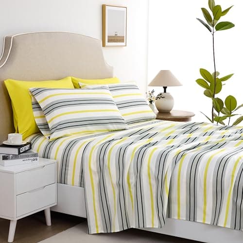 Spirit Linen home Full Size Bed Sheets Set Deep Pockets - 6PC Striped Ultra Soft Microfiber Bed Sheets - Easy to Clean, 90 Thread Count Sheets Includes 1 Fitted, 1 Flat, 2 Pillowcases (Grey/Yellow) - Thumbnail 2