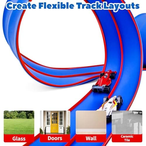 FUTESI Flexible Race Car Track for Kids 15 Ft Flex Tracks Starter Set Compatible with Diecast 1/64th Cars Portable Rolls Up Race Tracks with Strong Suction Cups Birthday Gifts for Boys Girls Ages 3+ - Thumbnail 5