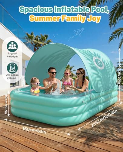 HeySplash Inflatable Pool with Canopy, Large Inflatable Swimming Pool for Adults & Kids, Blow Up Pool Thickened Family Pool for Outdoor Backyard Garden Party Summer Fun, 102" x 65" x 22"(Green) - Thumbnail 4