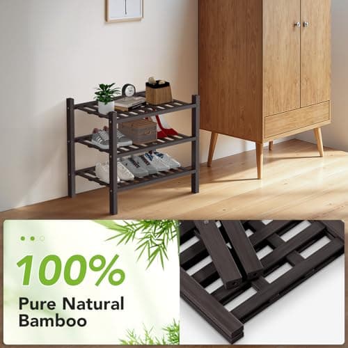 Haddockway Small 3 Tier Bamboo Shoe Rack Storage Organizer, Multifunctional Free Standing Stackable Shoe Shelf with Grid Panel for Closet,Hallway,Entryway,Small Space 18"x11"x17" - Thumbnail 5
