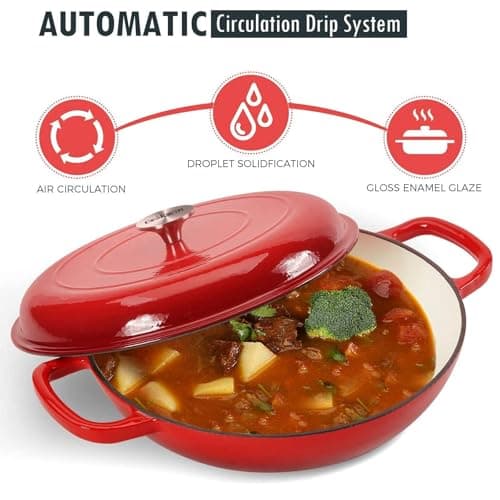 COOKWIN Cast Iron Casserole Braiser, 3.8 Quart Enameled Cast Iron Dutch Oven Pan with Lid, Heavy Duty and Dual Handles Skillet, Oven-Safe Porcelain Surface Casserole Dish, Red - Thumbnail 3