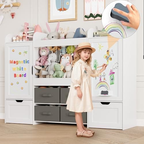 VortinT 61"W Toy Storage Organizer, Kids Bookshelf with 122L Stuffed Animal Storage, 2 Magnetic Drawing Boards, 2 Movable Toy Boxes and 4 Fabric Bins, Wooden Shelf for Kids Room/Playroom/Living Room - Thumbnail 5