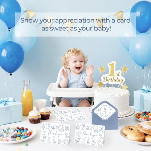 Oaken Leaford 48-Pack Baby Shower Thank You Card Set with Envelopes & Stickers, Cute Blue Cartoon Design Blank Note Cards for Newborn Celebrations - Thumbnail 6