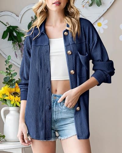 PRETTYGARDEN Women's Button Down Shirts 2026 Spring Long Sleeve Textured Tops Oversized Shacket Jacket Knit Blouses(Blue,XX-Large) - Thumbnail 2